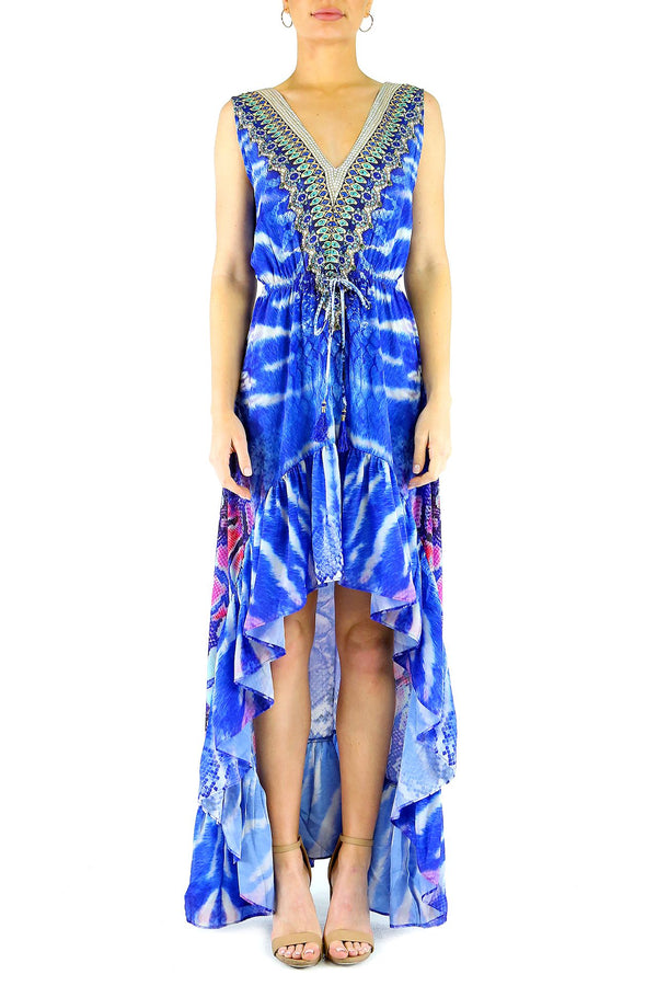 Long Hi-low dress in Blue Animal Print